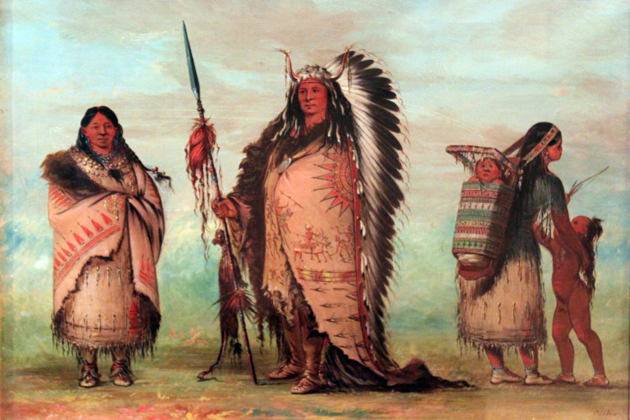 Sioux: Black Rock met familie. Het opperhoofd laat trots zijn eremblemen zien, waaronder een lans met skalp. door George Catlin
