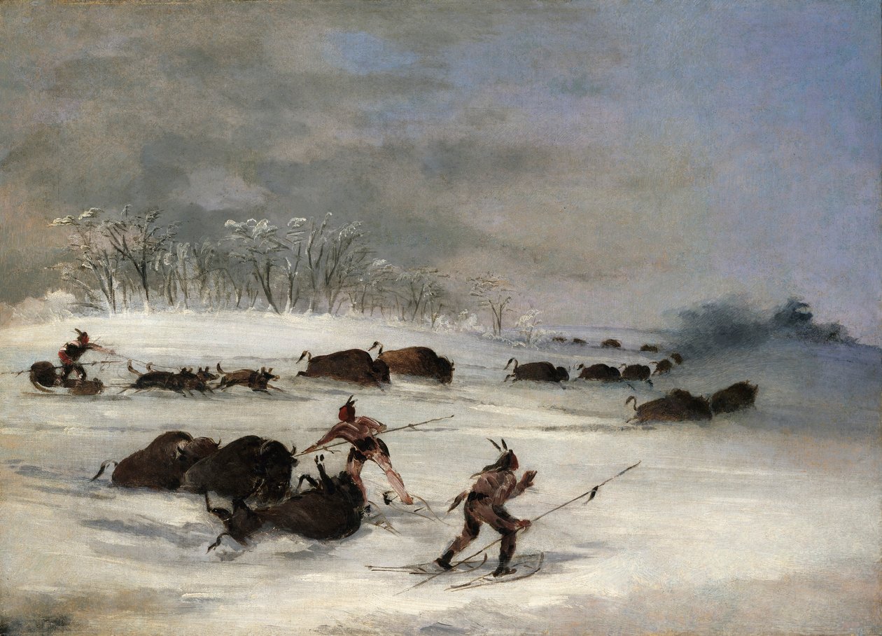 Sioux Indianen op sneeuwschoenen die buffels drijven door George Catlin