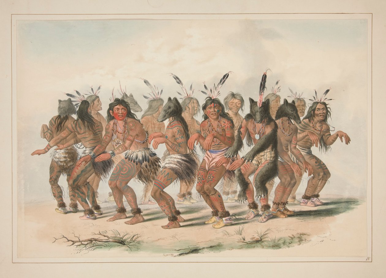 De Beren Dans, pl. 18 uit de North American Indian Portfolio door George Catlin