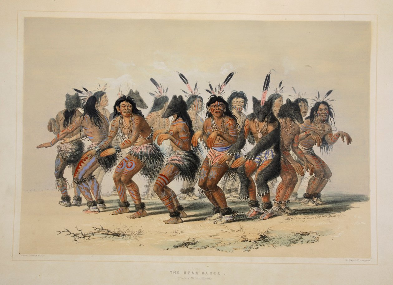De Beren Dans, pub. 1845 kleurenlithografie door George Catlin