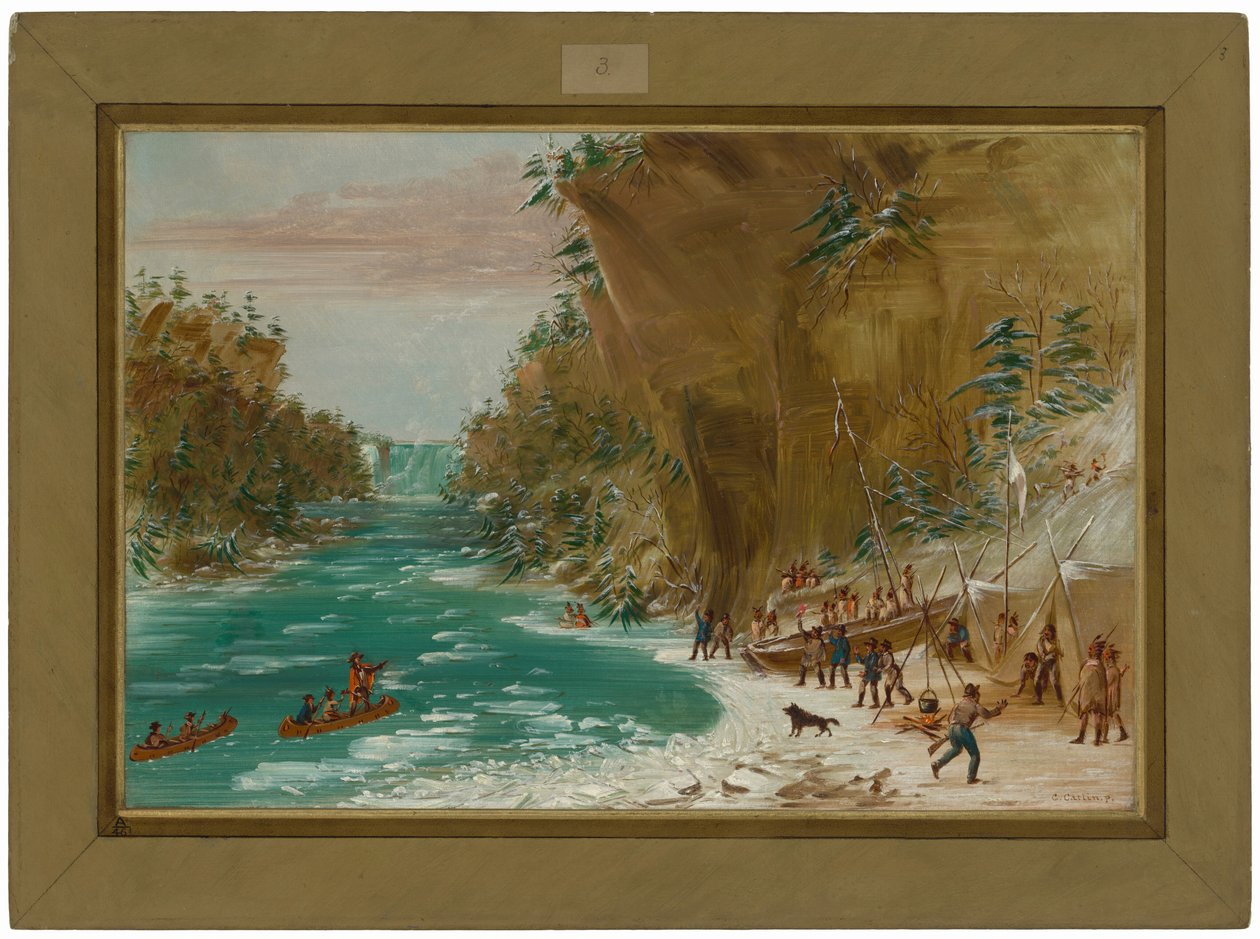 De expeditie sloeg haar kamp op onderaan de Niagara-watervallen.  20 januari 1679 door George Catlin