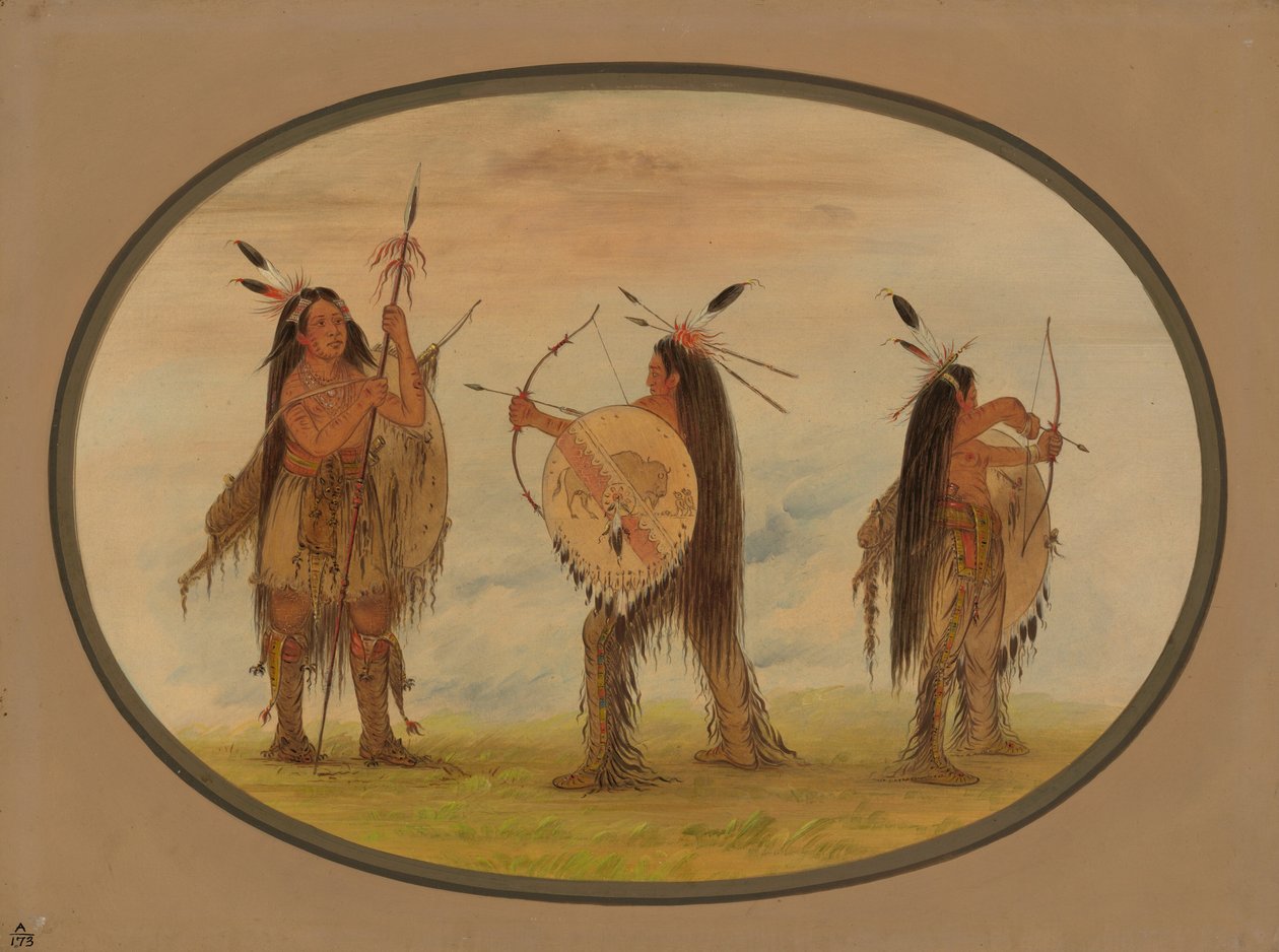 Drie Mandan krijgers gewapend voor de oorlog, 1861-1869 door George Catlin