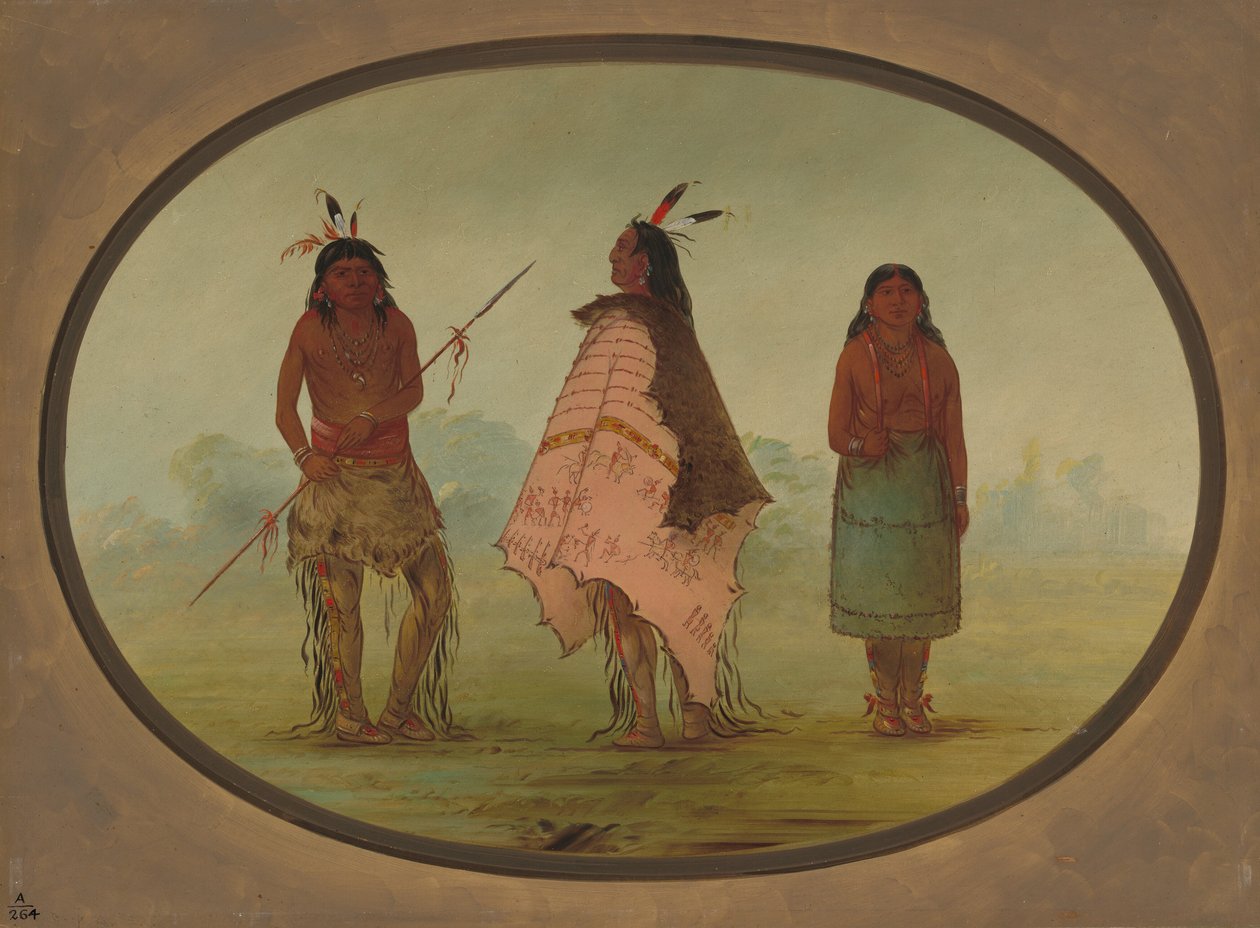 Twee Apachee krijgers en een vrouw door George Catlin