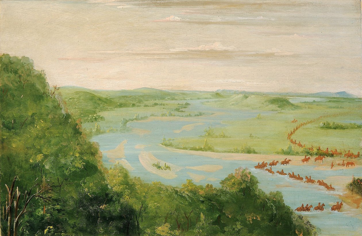 Uitzicht op de Canadese rivier, Dragoons Crossing door George Catlin