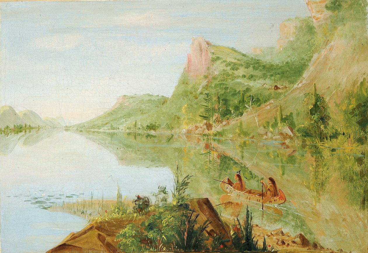 Uitzicht op de Wisconsin rivier, Winnebago schietende eenden door George Catlin