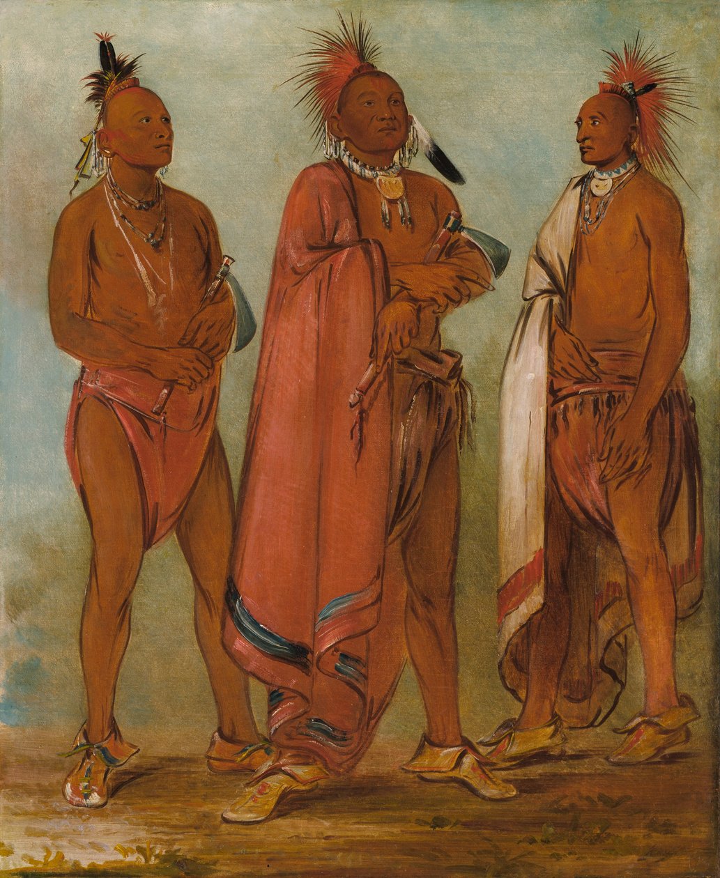 Wa-másh-ee-sheek, Hij Die Wegneemt; Wa-chésh-uk, Oorlog; Mink-chésk, Drie Voorname Jonge Mannen door George Catlin