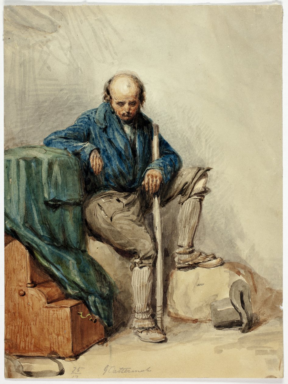 Kale man zittend op bezittingen (recto); dame in gele jurk (verso) door George Cattermole