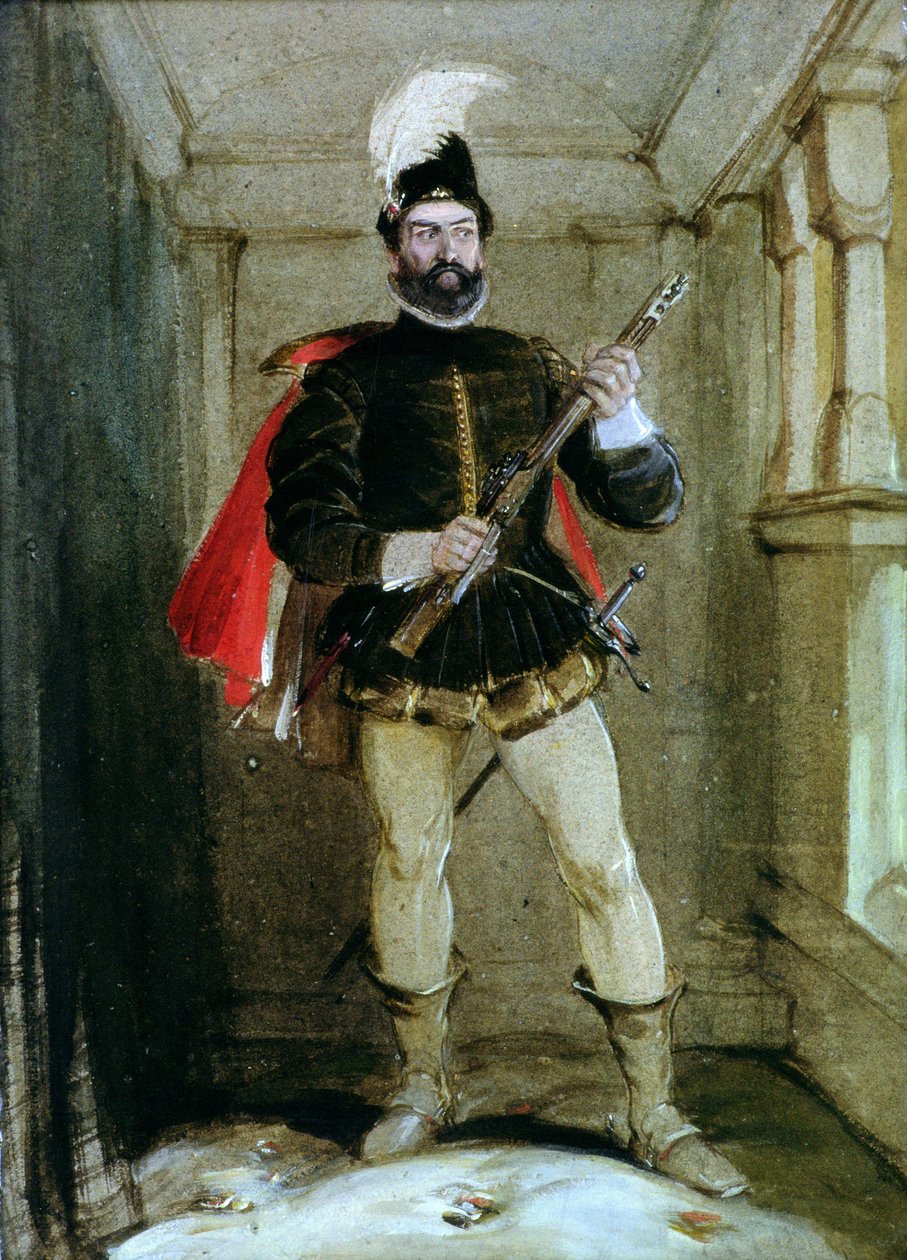 Hamilton van Bothwellhaugh op het punt om Regent Murray neer te schieten, in Linlithgow, op 23 januari 1570 door George Cattermole