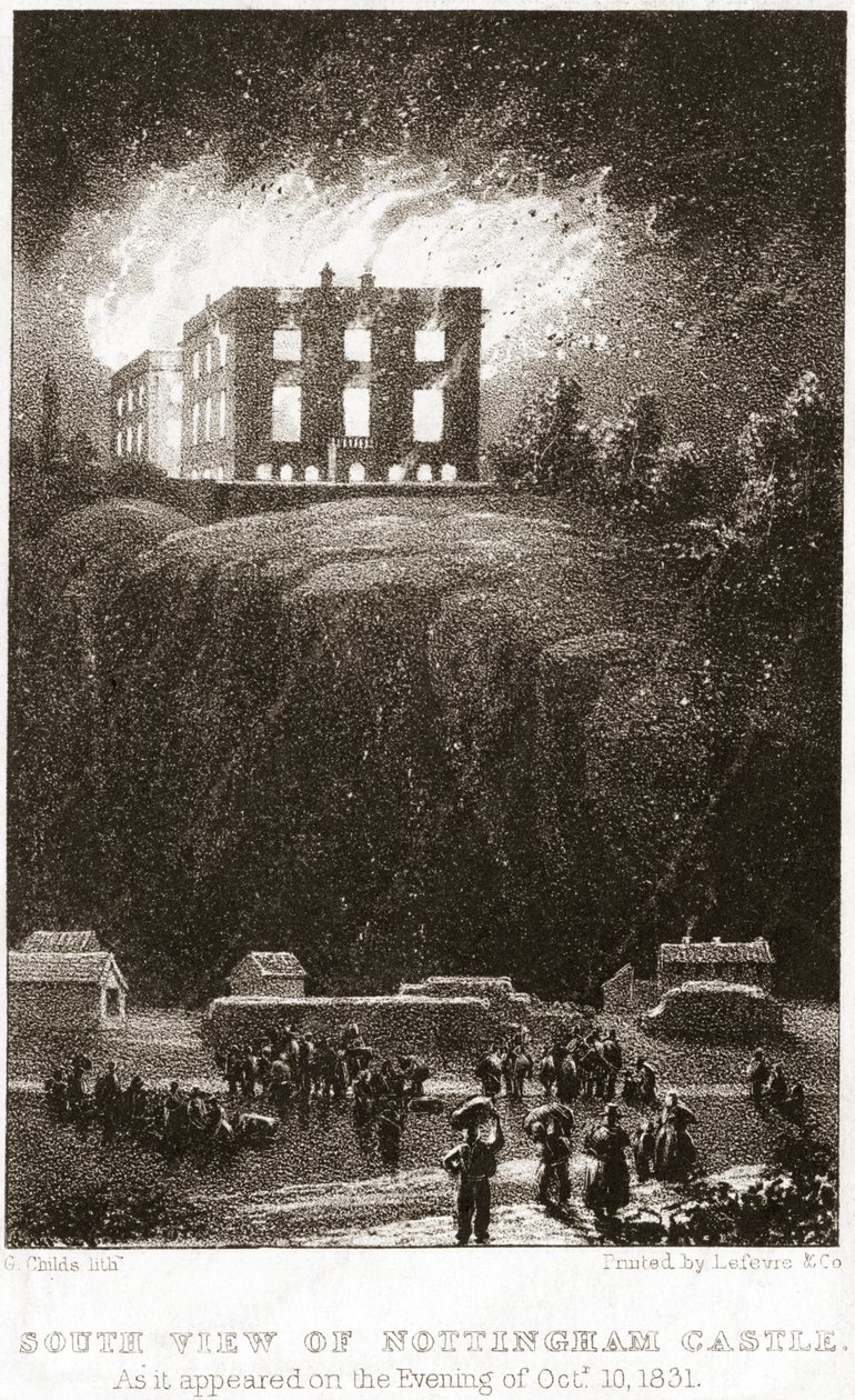 Nottingham Castle in brand, gezien vanuit het zuiden door George Childs
