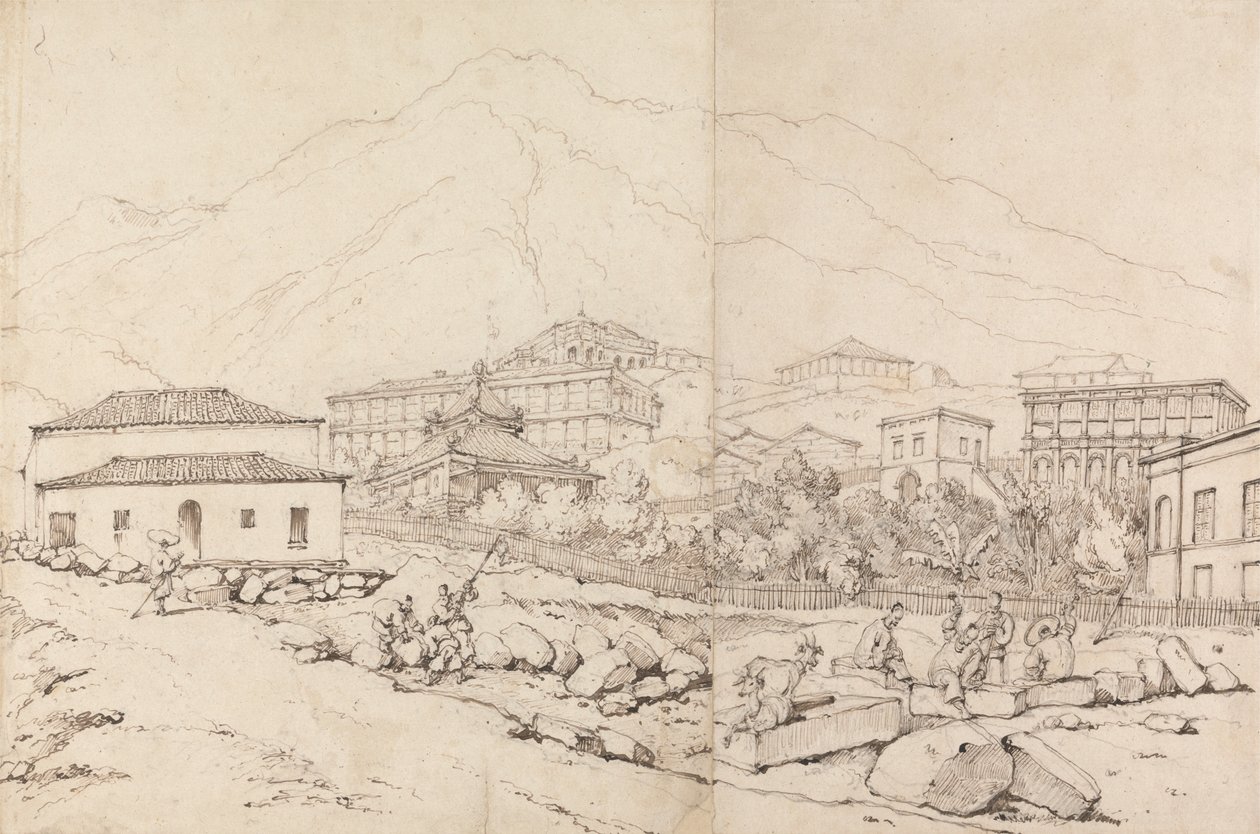 Gebouw op een heuvel in een bergachtig dorp (China?) door George Chinnery