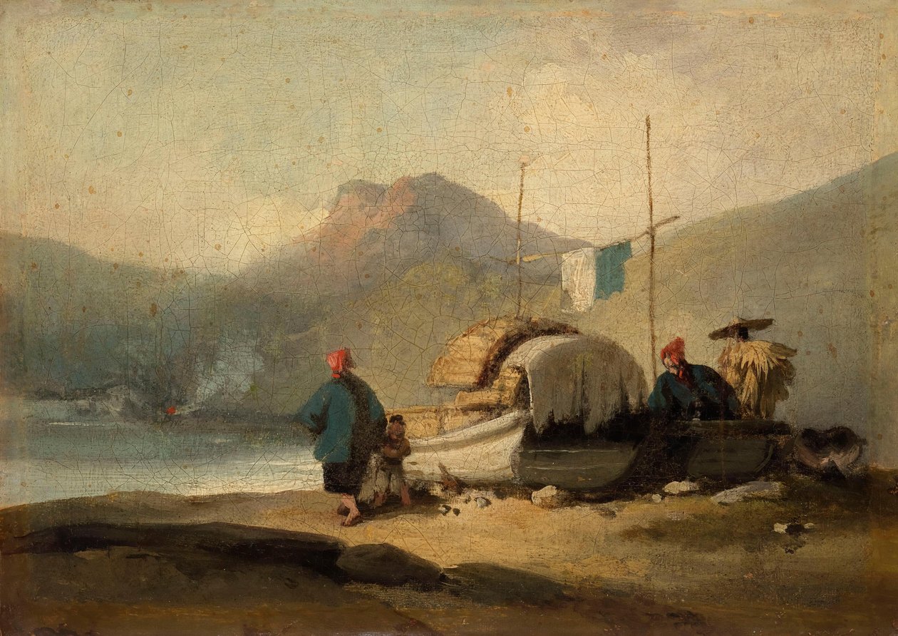 Chinese scène, boten bij een meer door George Chinnery