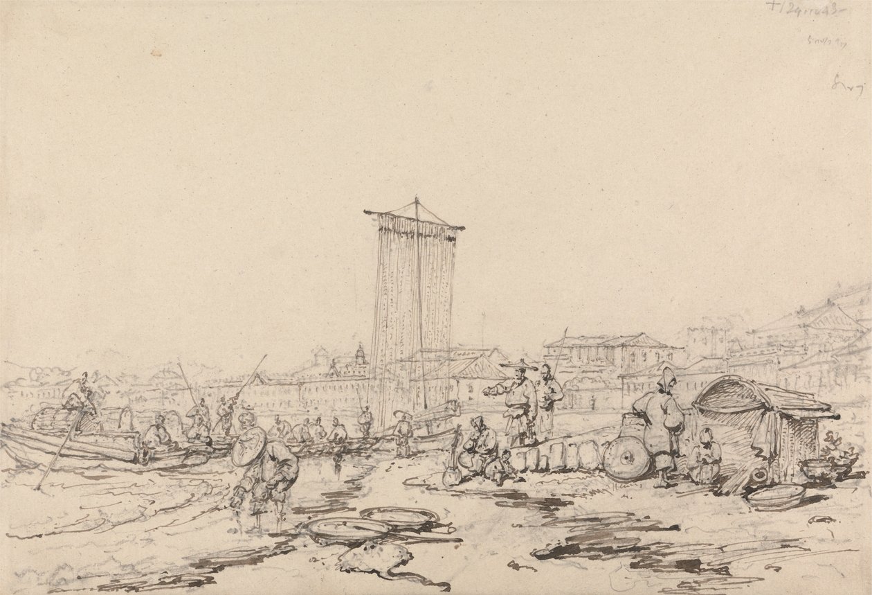 Kustscène met vissers en gebouwen, Macao door George Chinnery