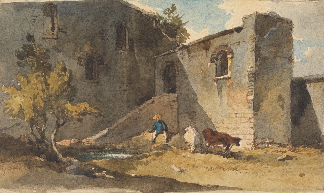 Figuur met vee in de schaduw van een gebouw door George Chinnery