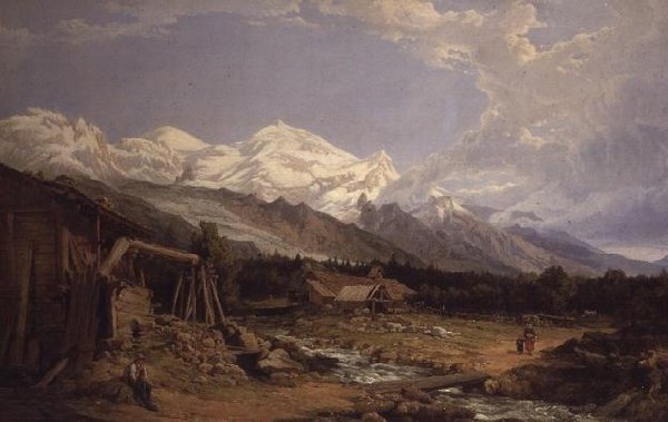 Alpenlandschap met figuren bij een bergstroom door George Clarkson Stanfield