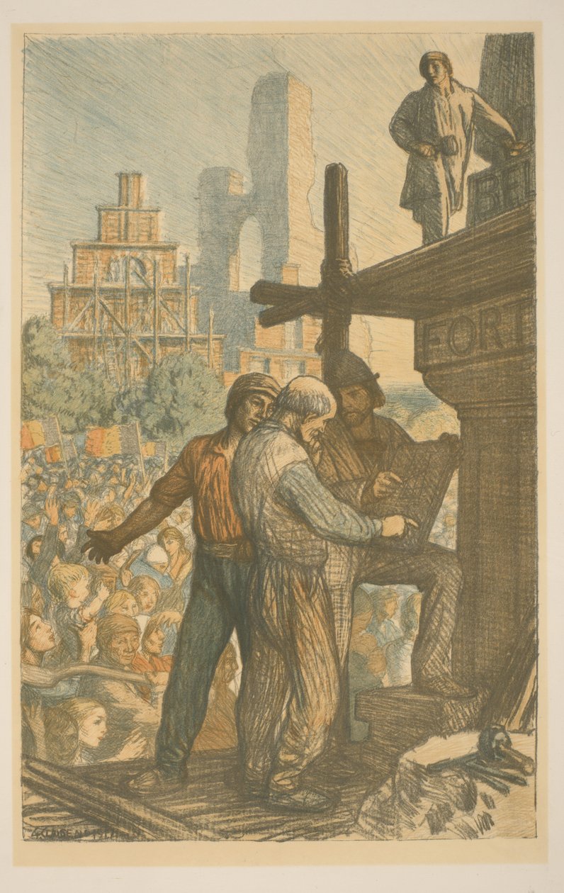 Bouwvakkers bij een menigte door George Clausen