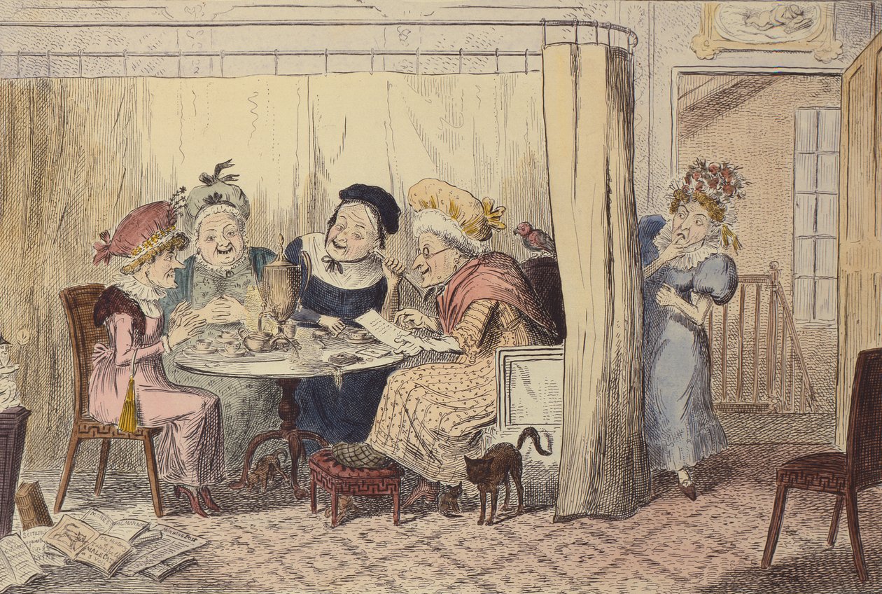 "Een nieuwsgierig gezelschap van lasterende elfen of luisteraars horen zelden goed van zichzelf", 1835 door George Cruikshank