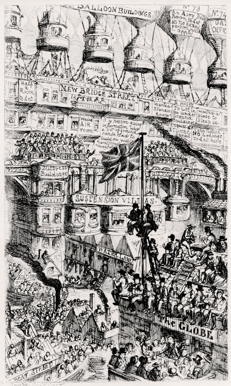 Een Malthusiaanse kijk op een overvol Londen, Engeland, van de toekomst, naar de geschriften van Thomas Malthus door George Cruikshank