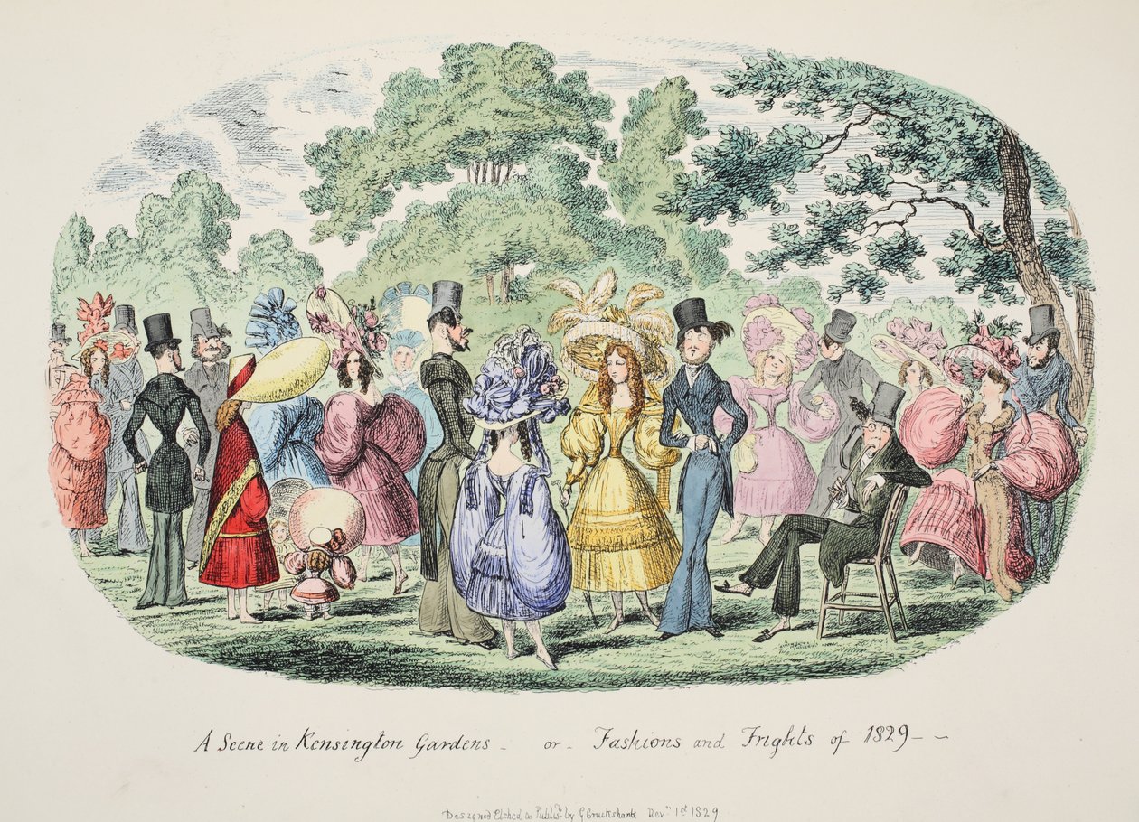 Een scène in Kensington Gardens - of - Mode en angsten van 1829, gepubliceerd 1829 door George Cruikshank
