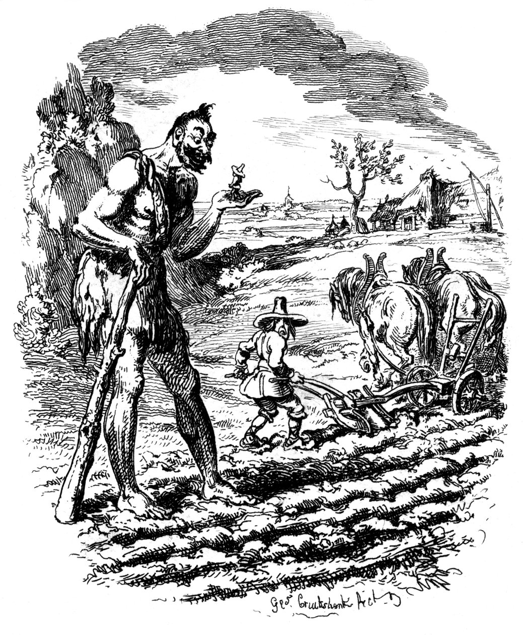 Een reus staat in een veld terwijl een boer ploegt, 19e eeuw door George Cruikshank