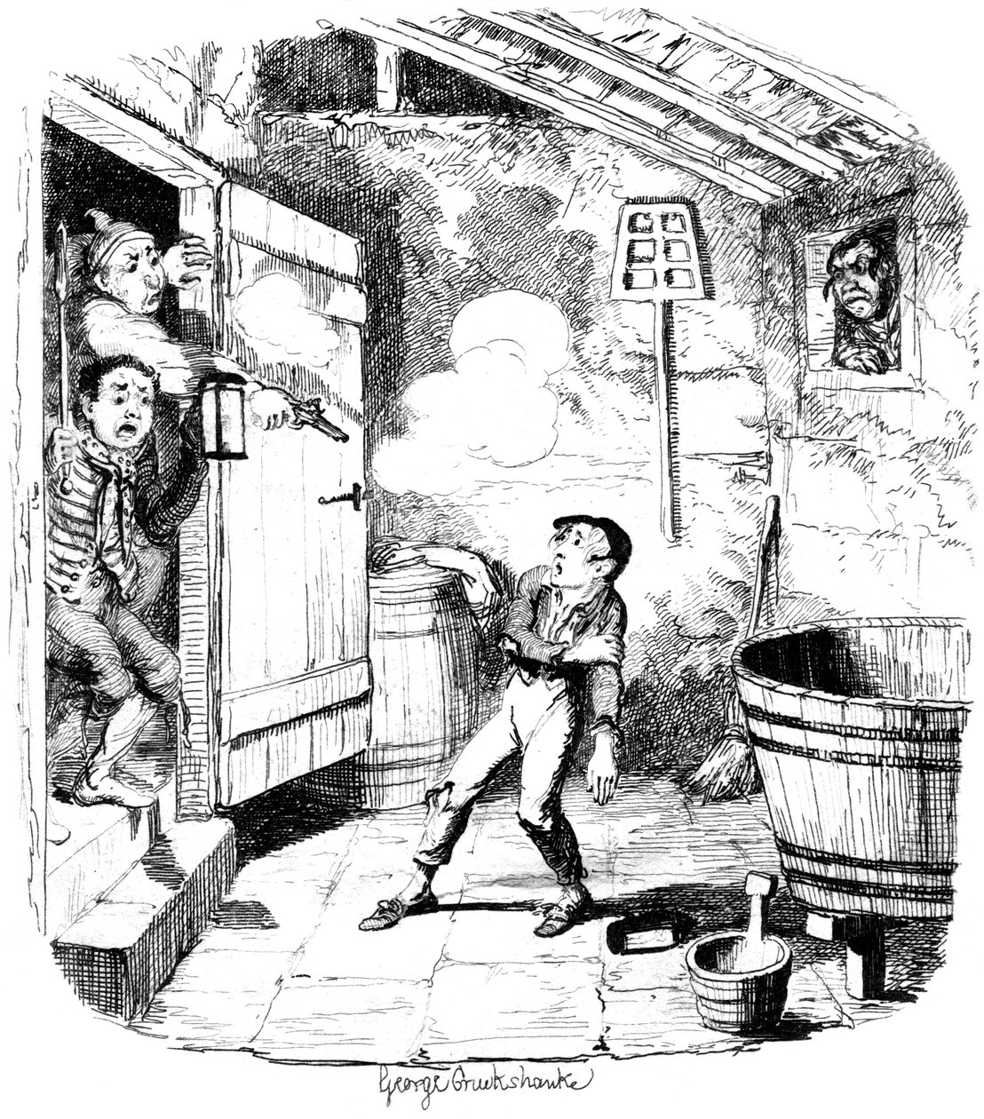 Een man schiet een jonge jongen neer die hij verdenkt van diefstal, 19e eeuw door George Cruikshank