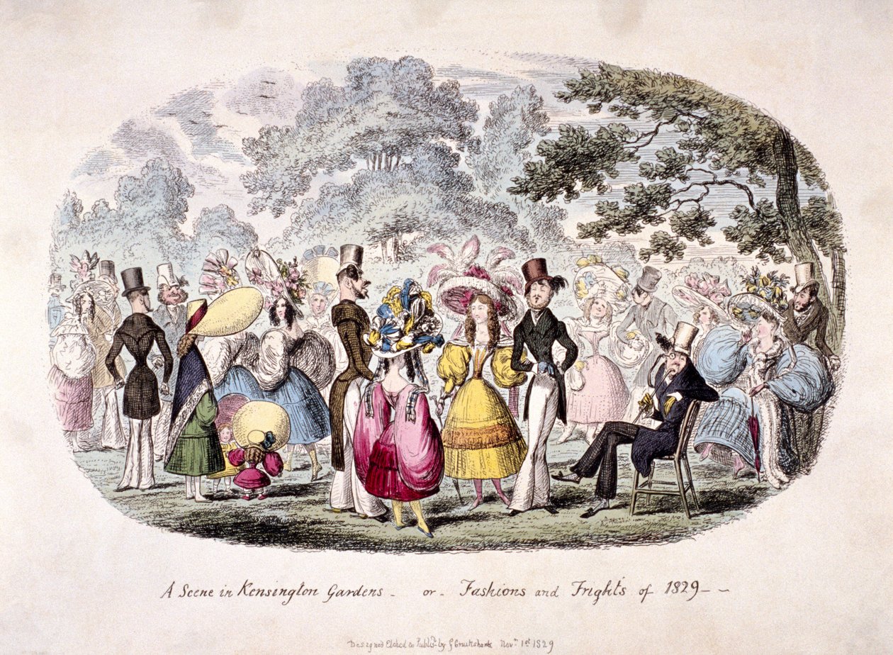 Een scène in Kensington Gardens - of - mode en angsten van 1829 door George Cruikshank