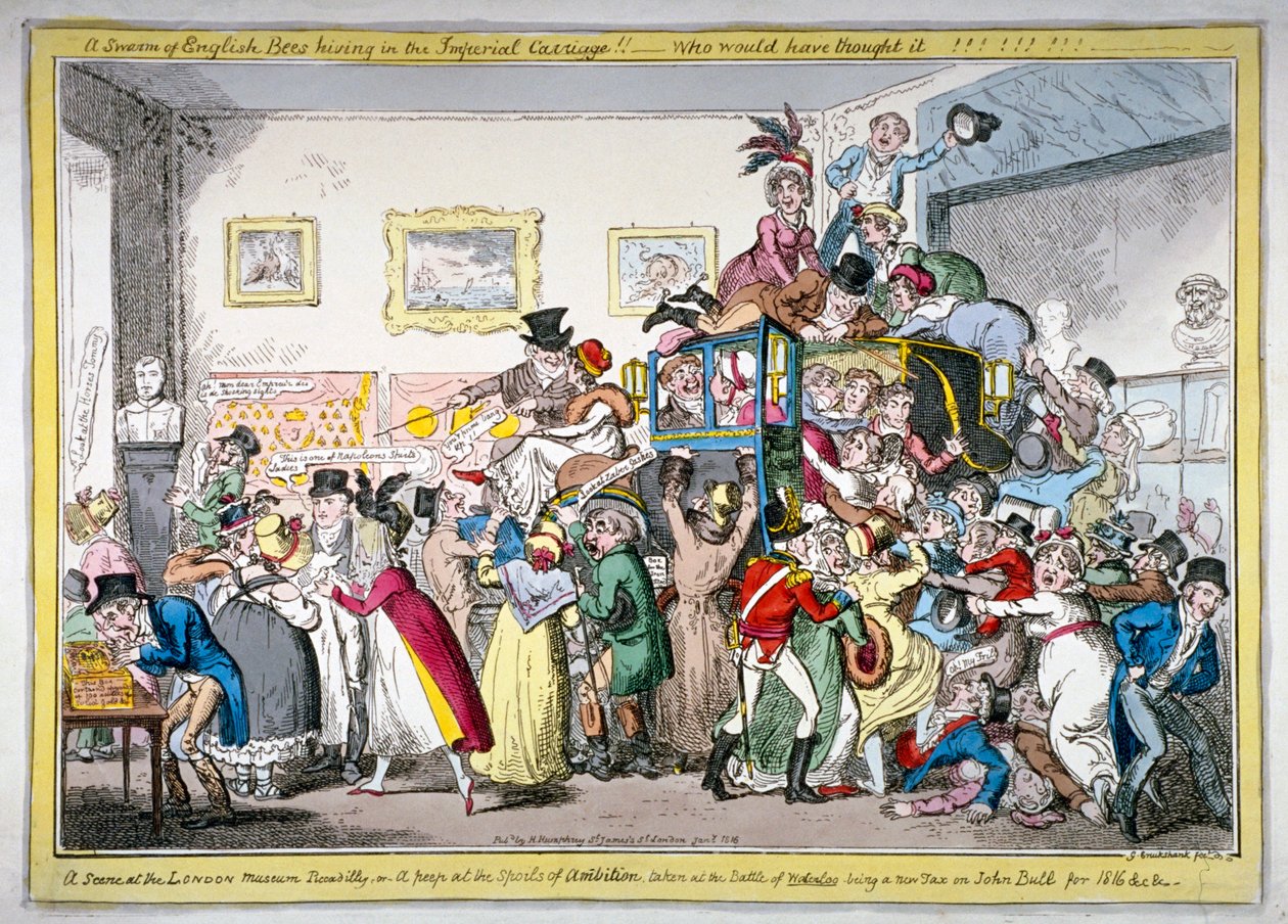 Een zwerm Engelse bijen die in de keizerlijke koets zwermen!! een scène in het London Museum, 1816 door George Cruikshank