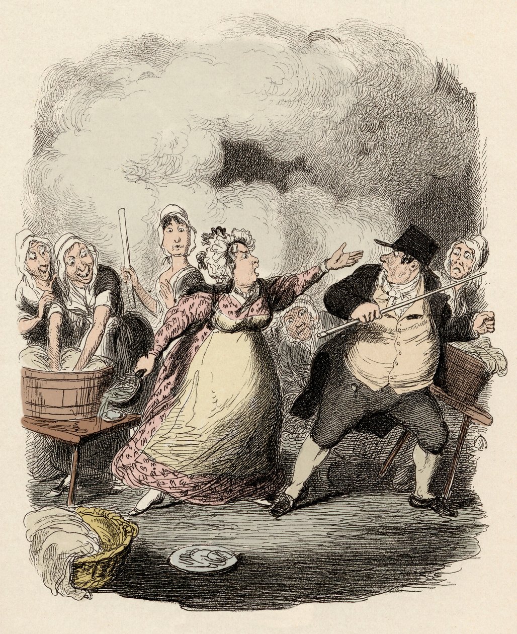 In het hospice wordt Monsieur Bumble streng afgewezen door zijn vrouw, Madame Corney - Mr Bumble vernederd in de ogen van de armen - Illustratie voor "Oliver Twist" (Olivier) (De avonturen van Oliver Twist) door Charles Dickens (1812-1870), door George Cru door George Cruikshank