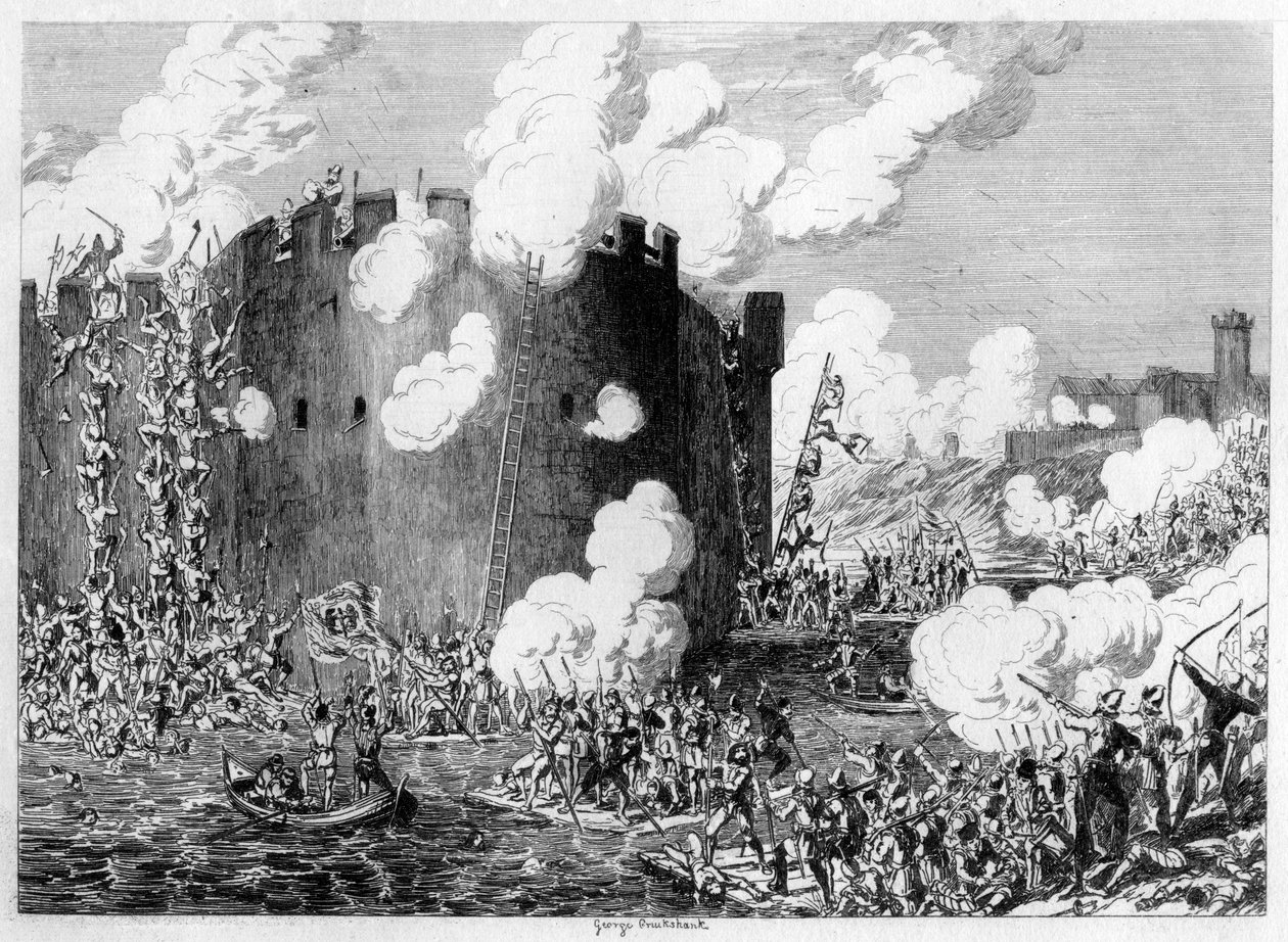Aanval op de Koperen Berg door Lord Guilford Dudley, 1554, 1840 door George Cruikshank
