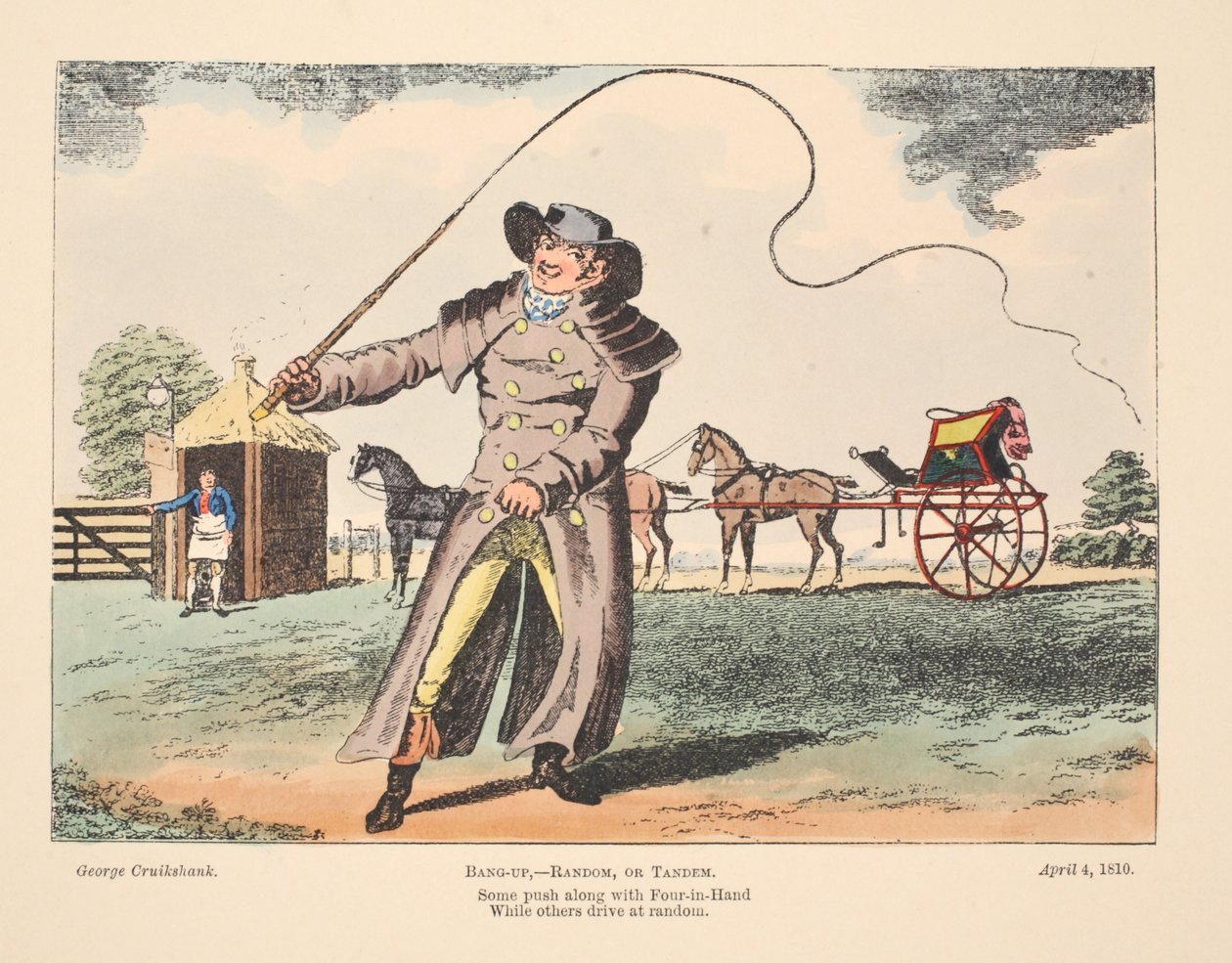 Bang-Up, Random of Tandem, sommigen duwen met Vier-in-Hand terwijl anderen willekeurig rijden, 1810 door George Cruikshank