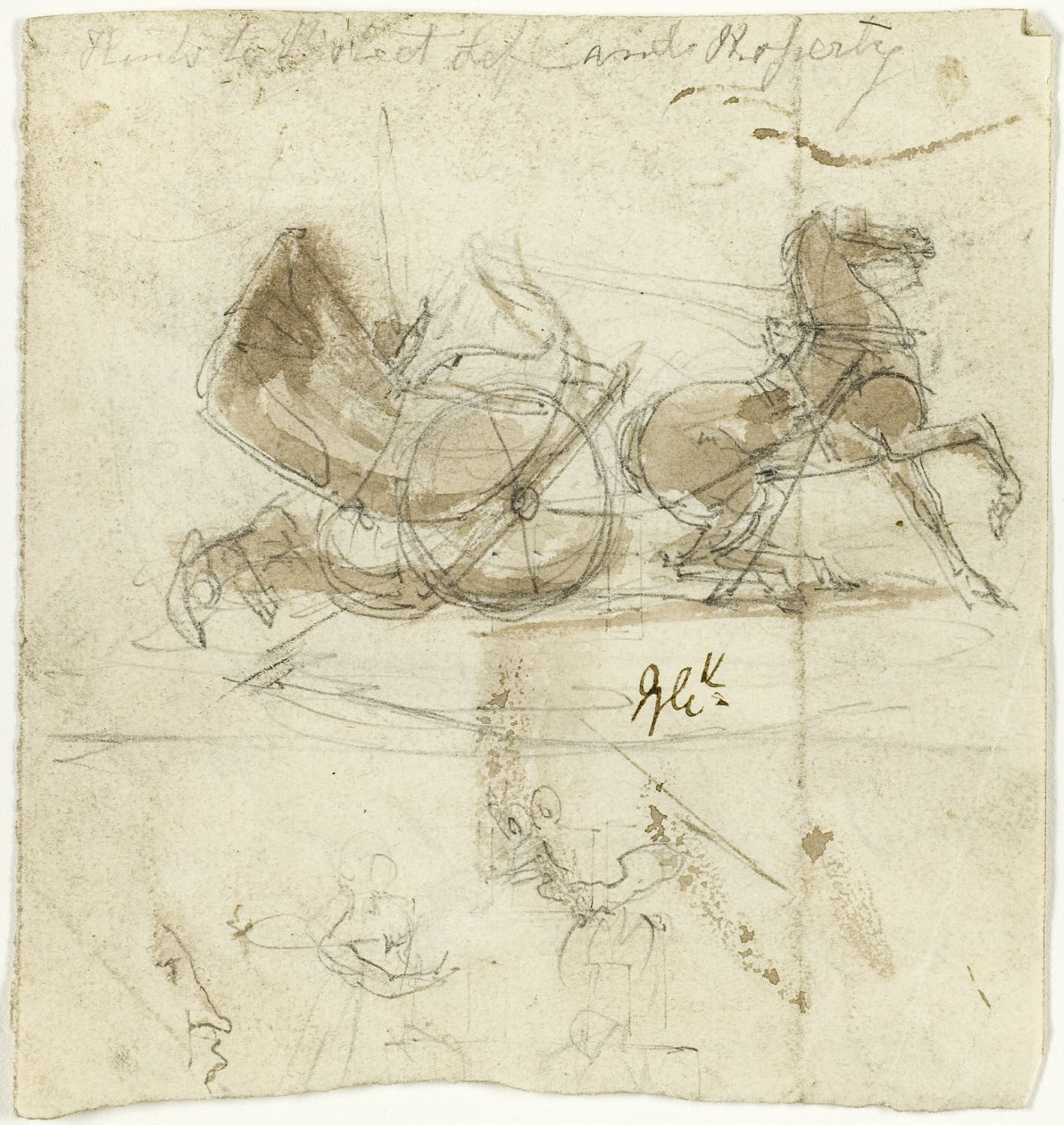 Karikatuur van zichzelf (recto); Cabine gegooid door een paard, met andere schetsen (verso) door George Cruikshank