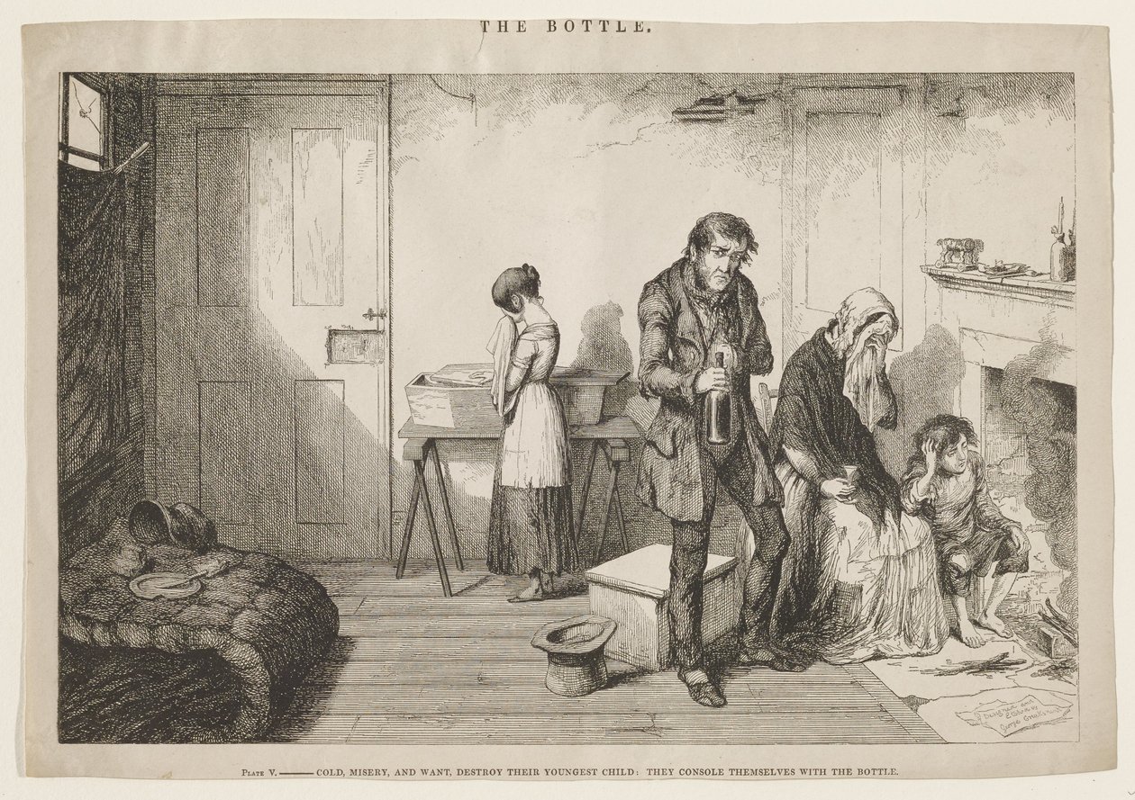 Kou, ellende en gebrek vernietigen hun jongste kind: zij troosten zich met de fles. door George Cruikshank