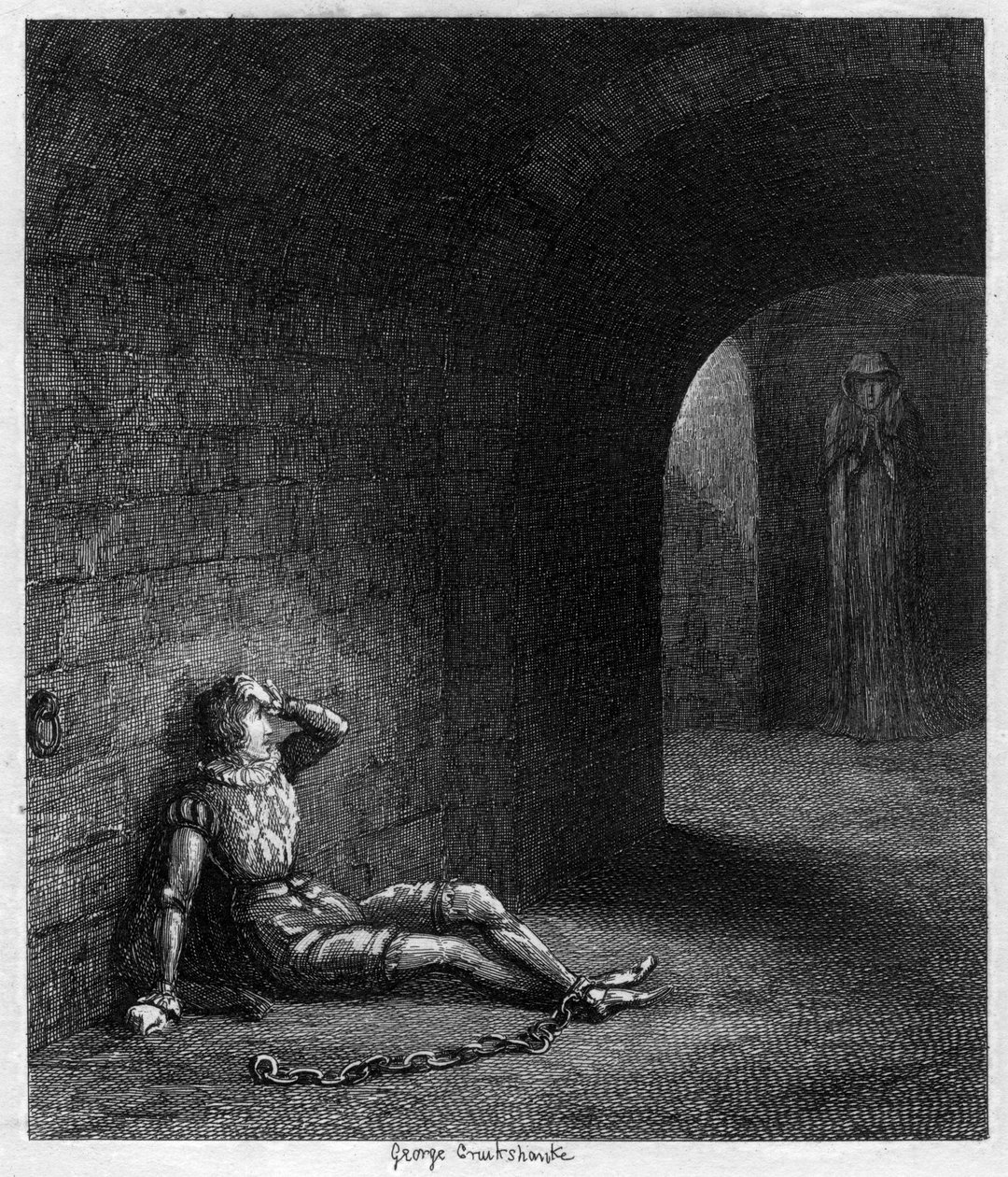 Cuthbert Cholmondeley verrast door de verschijning van een mysterieuze figuur, 1840 door George Cruikshank