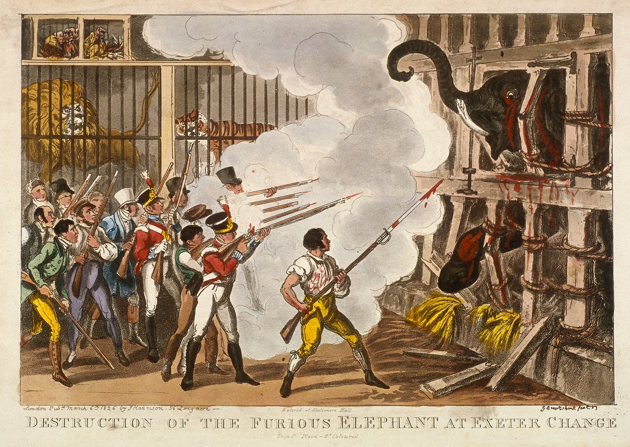Vernietiging van de woedende olifant bij Exeter Change, 1826 door George Cruikshank