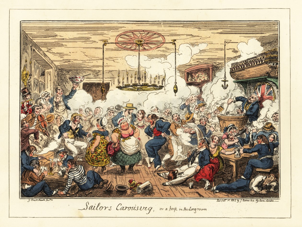 Engelse matrozen drinken en dansen in een kroeg, Napoleontische tijd, 1829 (lithografie) door George Cruikshank