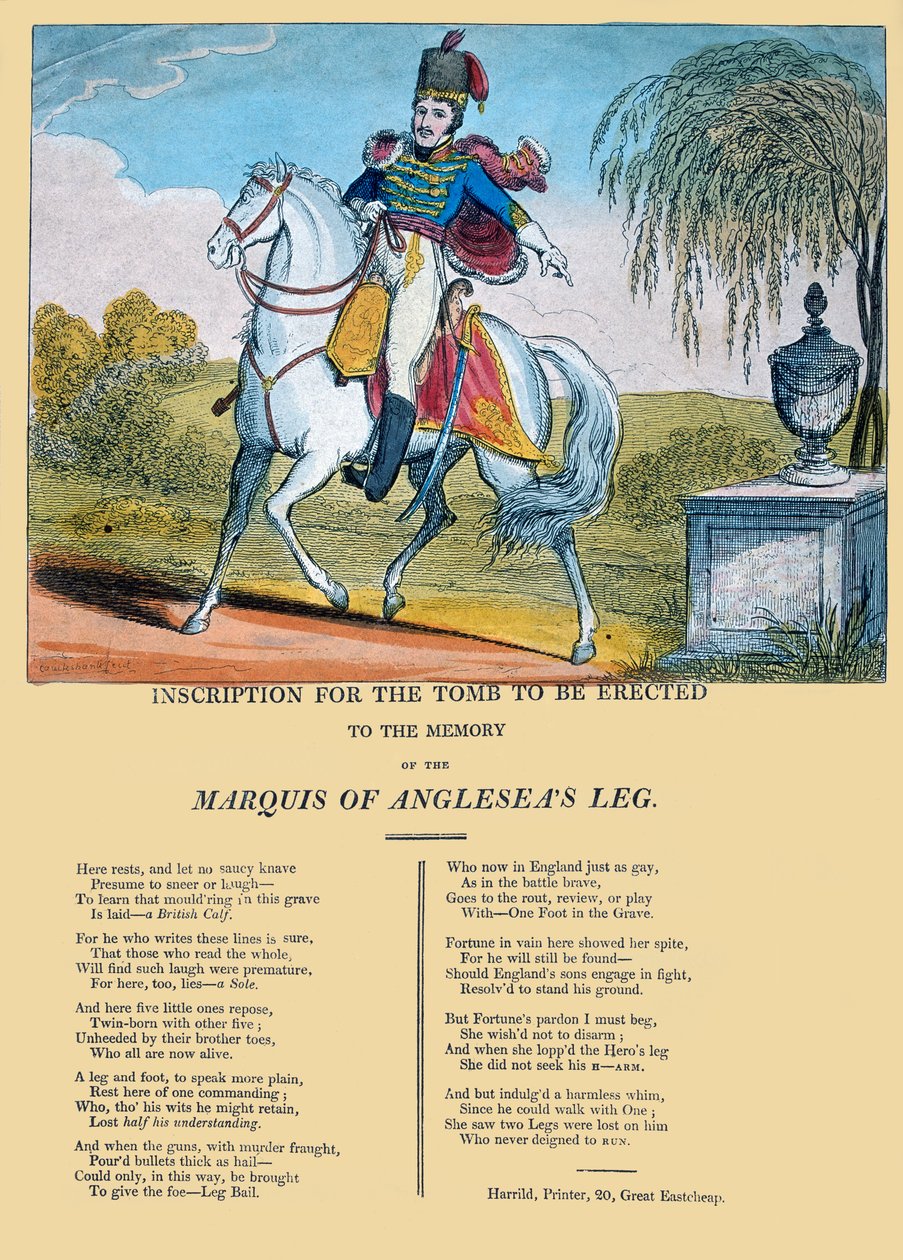 Inscriptie voor het graf ter nagedachtenis aan het been van de Markies van Anglesea, gepubliceerd door R. Harrild, c.1815 door George Cruikshank