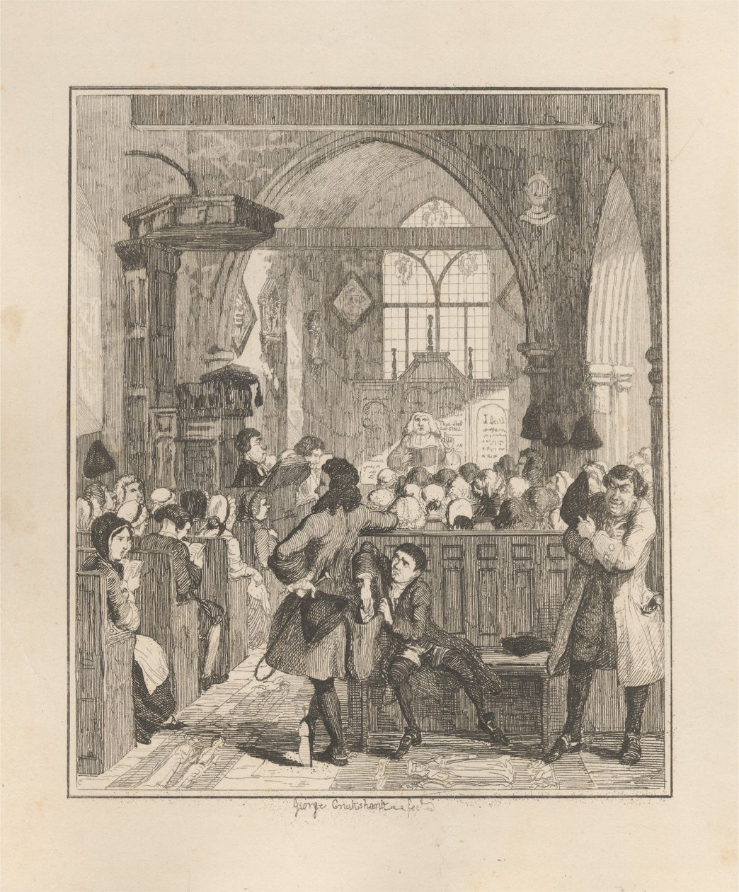 Jack Sheppard pleegt de overval in de kerk van Willesden door George Cruikshank
