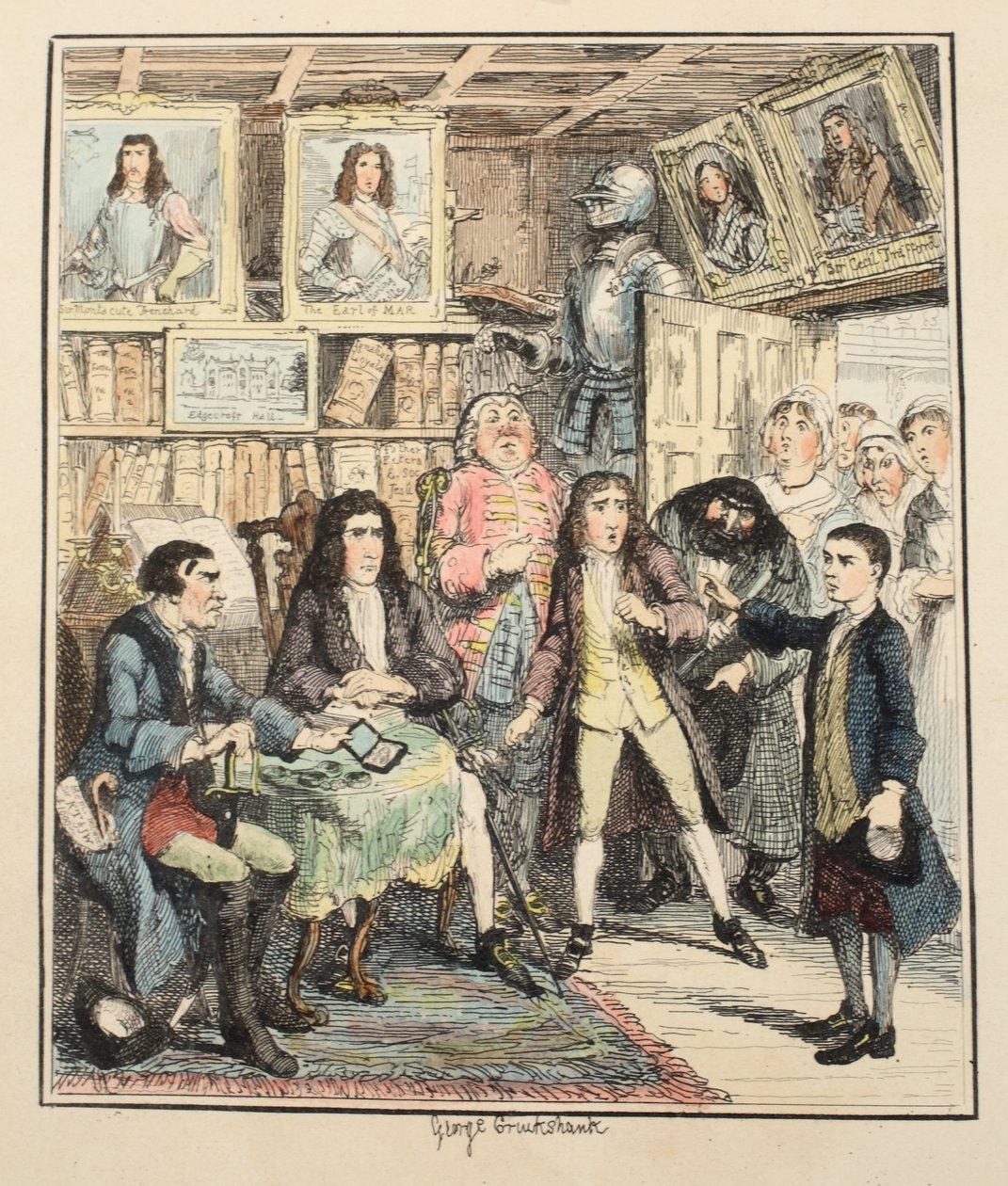 Jack Sheppard beschuldigt Thames Darrell van diefstal, illustratie uit Jack Sheppard: A Romance door William Harrison Ainsworth, gepubliceerd 1839 door George Cruikshank