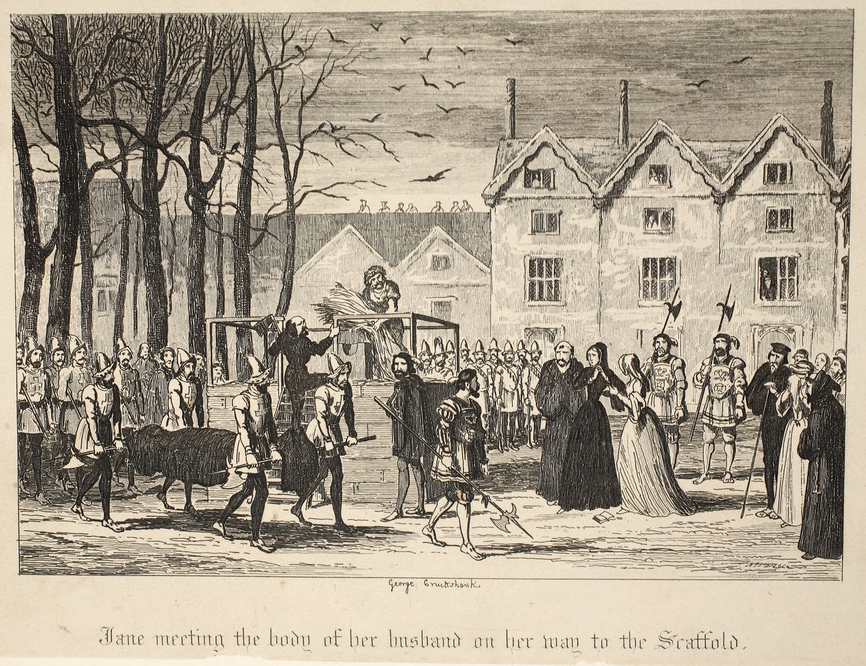 Jane ontmoet het lichaam van haar man op weg naar het Schavot, uit De Toren van Londen door George Cruikshank