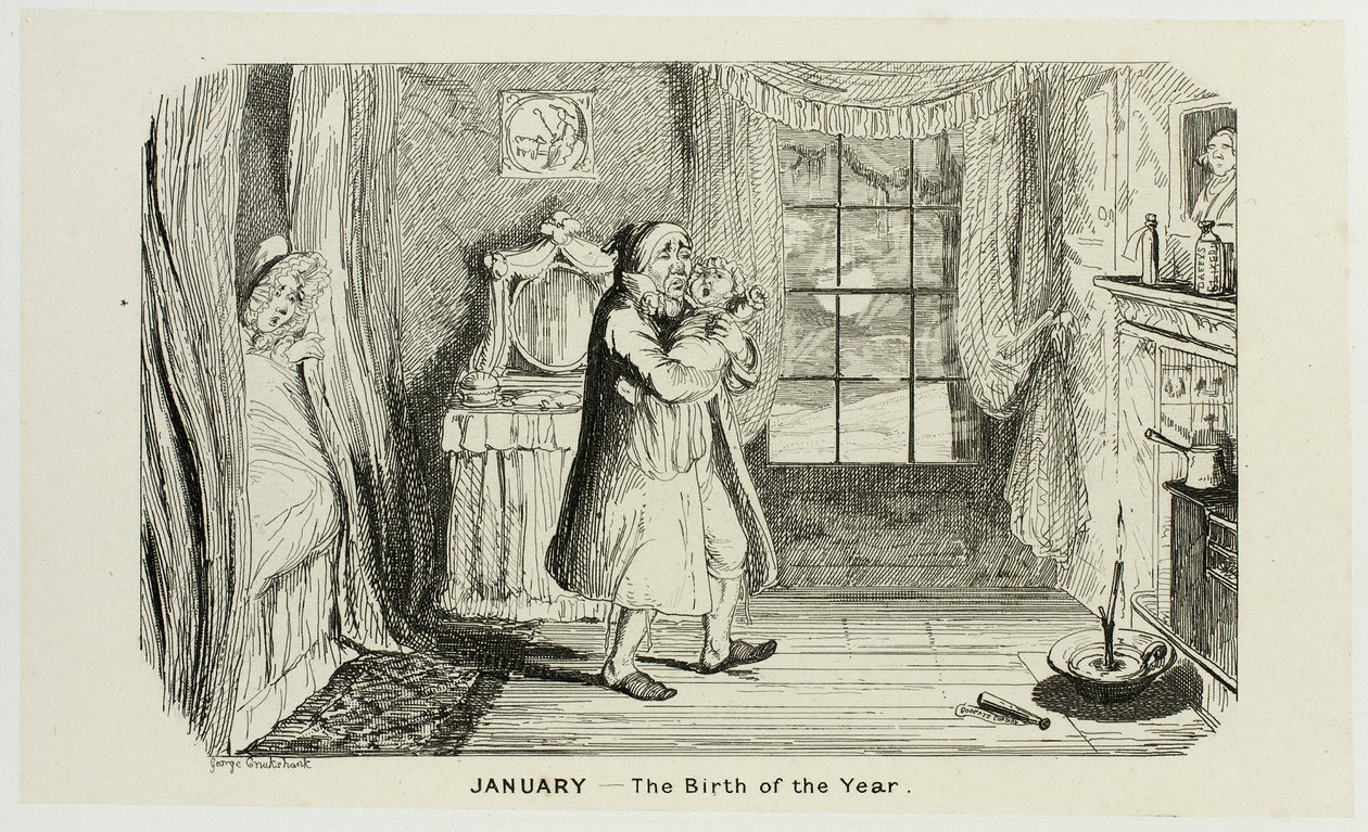 Januari - De geboorte van het jaar uit de Steel Etchings van George Cruikshank in The Comic Almanacks: 1835-1853 door George Cruikshank