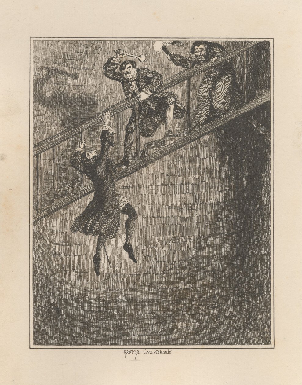 Jonathan Wild gooit Sir Rowland Trenchard in de put door George Cruikshank