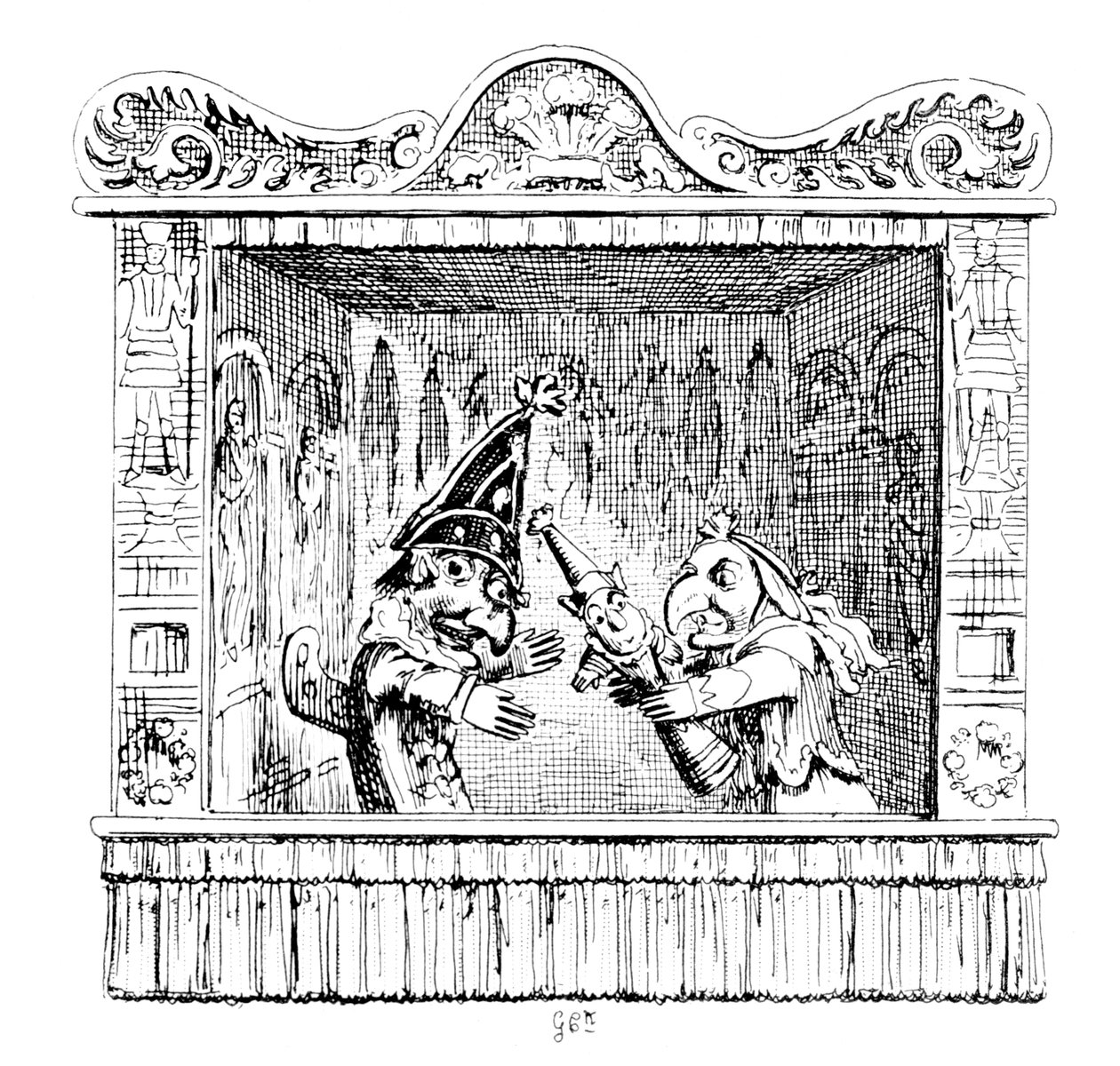 Judy spoort Mr Punch aan om het kind te nemen door George Cruikshank