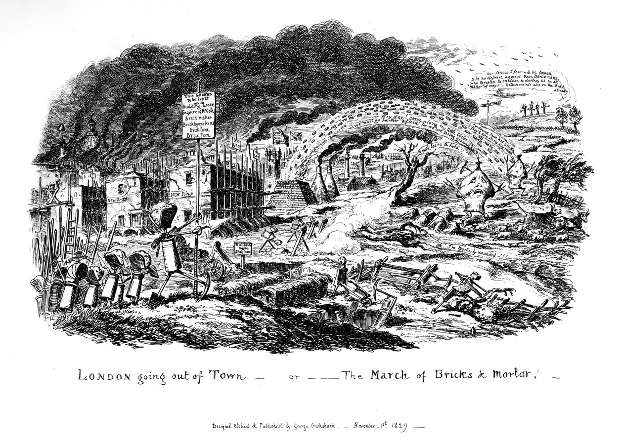 Londen verlaat de stad - of De mars van bakstenen en mortel, 1829 door George Cruikshank