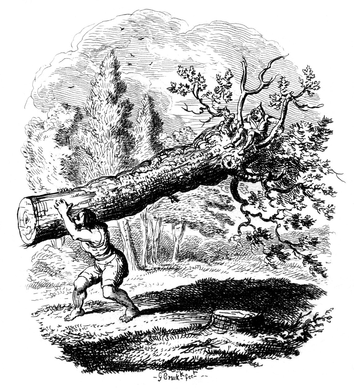 Man die een grote boomstam op zijn schouder draagt door George Cruikshank