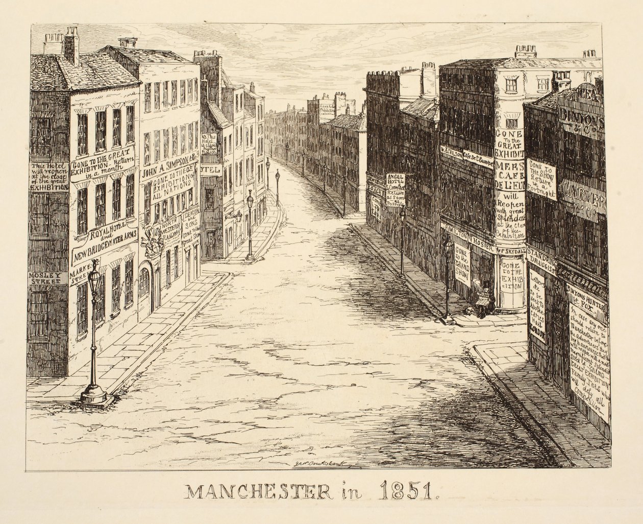 Manchester in 1851, uit 1851 of The Adventures of Mr & Mrs Sandboys and family who came up to London to enjoy themselves and to see the Great Exhibition, gepubliceerd 1851 door George Cruikshank