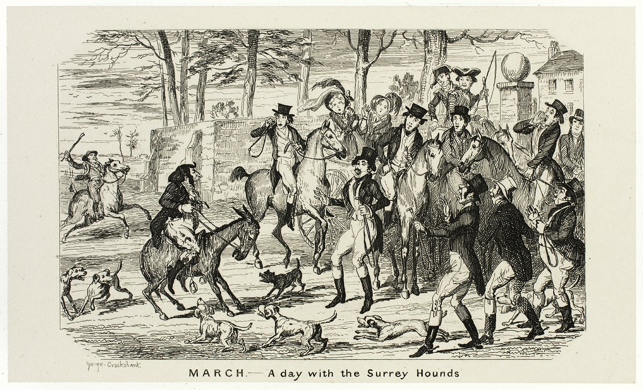 Maart - Een dag met de Surrey Hounds uit de staaletsen van George Cruikshank voor de komische almanakken: 1835-1853 door George Cruikshank