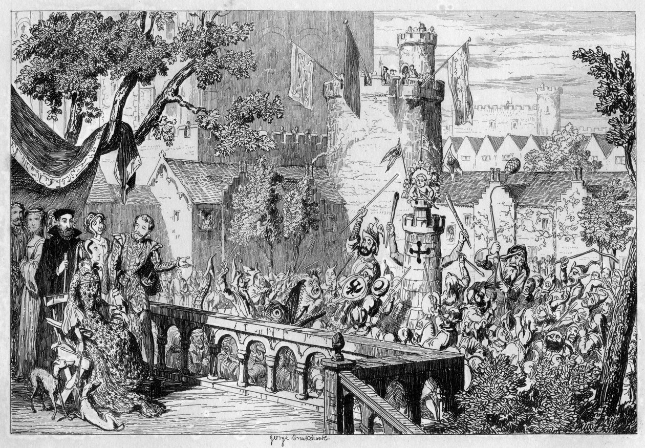 Maskerade in de Paleistuin van de Tower of London door George Cruikshank