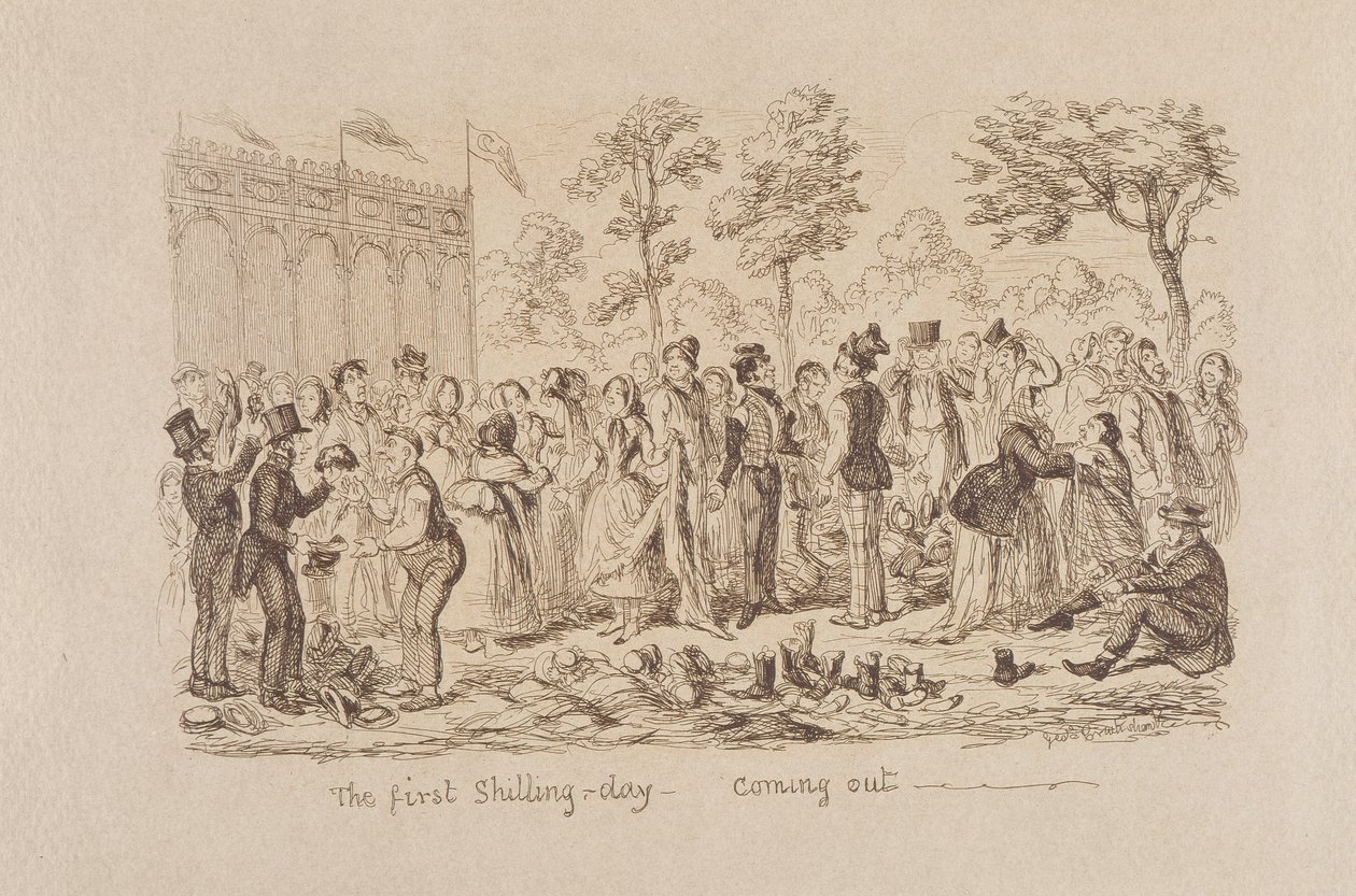 Mayhews Grote Tentoonstelling van 1851: De Eerste Shilling Dag - Uitgang door George Cruikshank