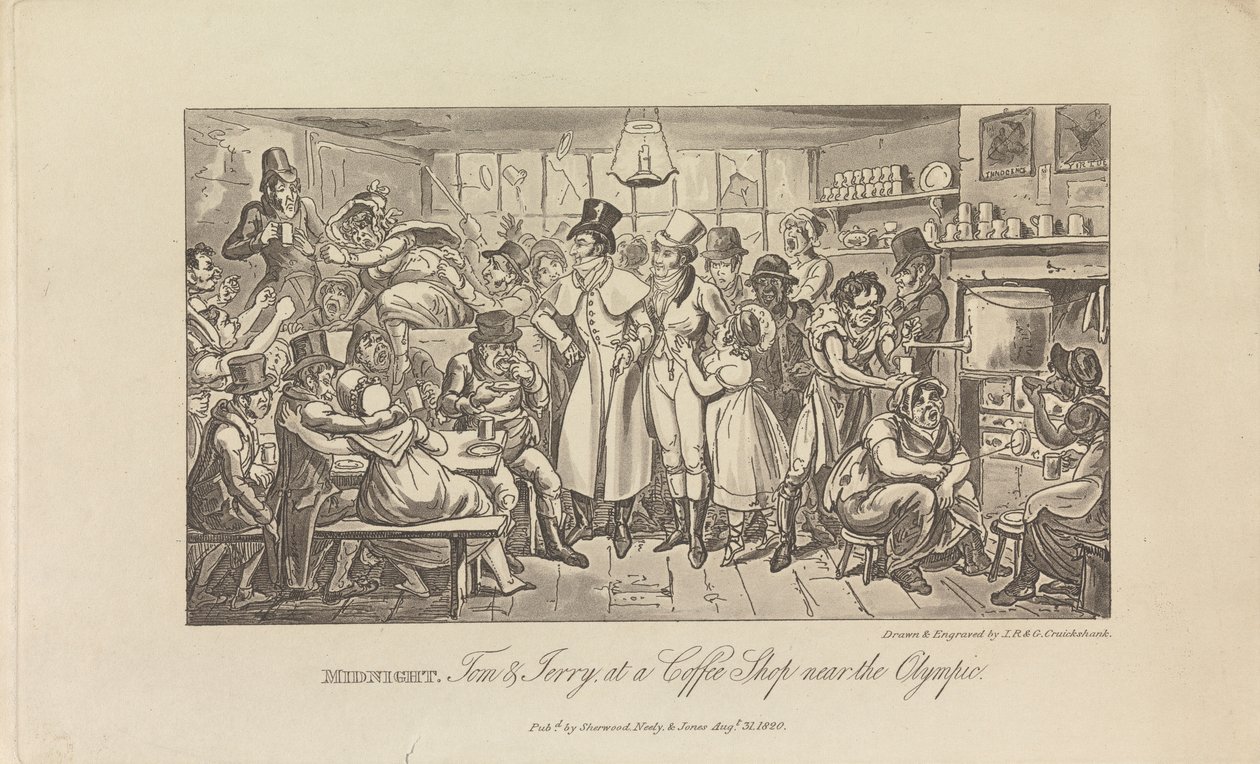 Middernacht, Tom & Jerry in een koffiehuis... door George Cruikshank