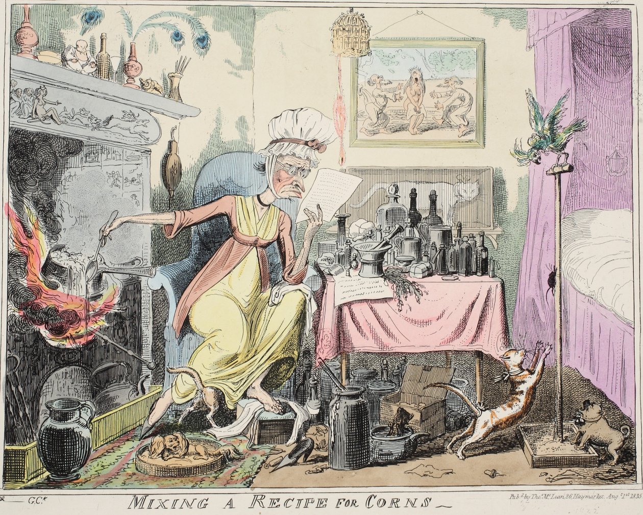Een recept voor likdoorns mengen, gepubliceerd 1835 door George Cruikshank
