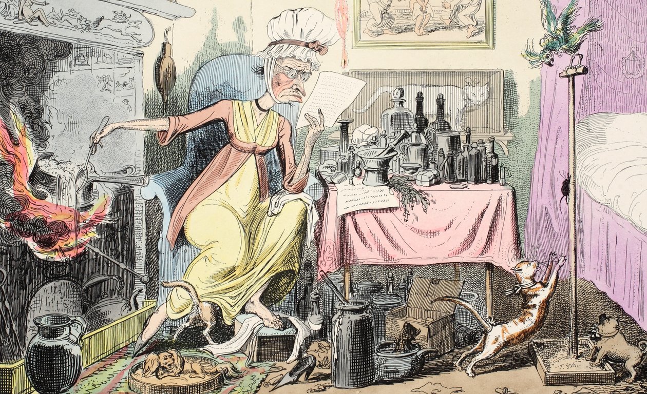 Een recept voor likdoorns mengen, gepubliceerd 1835 door George Cruikshank